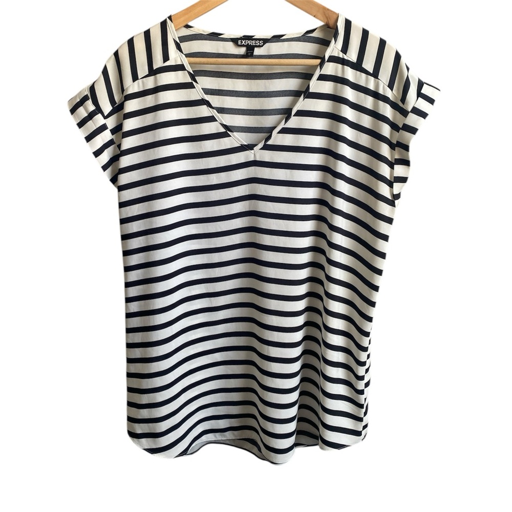 Express Black and White Chiffon Striped V Neck Mesh Neck Sleeveless Boxy Fit Top